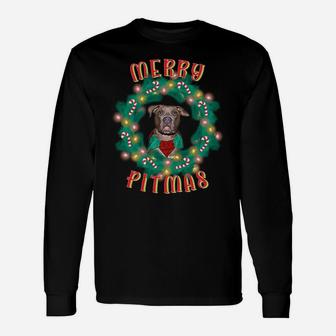 Merry Pitmas Pitbull Dog Christmas Candy Canes Glow Wreath Sweatshirt Unisex Long Sleeve | Crazezy CA