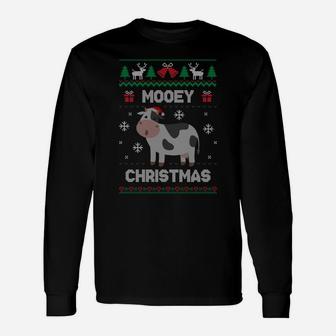 Mooey Christmas Cow Santa Claus Hat Ugly Christmas Sweater Unisex Long Sleeve | Crazezy