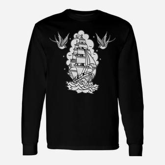 Old School Sailor Tattoo Clipper Ship And Swallows Unisex Long Sleeve | Crazezy