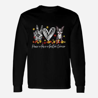 Peace Loves Boston Terrier Autumn Leaves Thanksgiving Gifts Unisex Long Sleeve | Crazezy