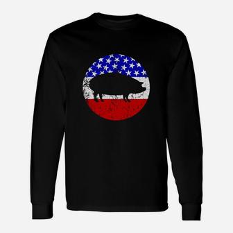 Pig Roast Retro Style Bbq Cookout American Flag Shirt Long Sleeve T-Shirt - Thegiftio UK
