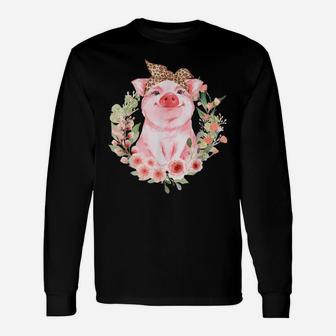 Pig With Leopard Headband Flower Tshirt Cute Pig Lover Gifts Unisex Long Sleeve | Crazezy