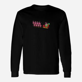 Pink Flamingo With Santa Claus Hat And Reindeer Sleigh Long Sleeve T-Shirt - Monsterry