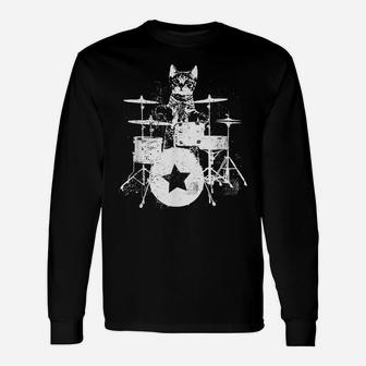Punk Rockstar Kitten Kitty Cat Drummer Playing Drums Graphic Unisex Long Sleeve | Crazezy