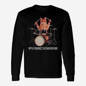 Purrcussion - Funny Cat Drummer On Drum Set Percussion Pun Unisex Long Sleeve | Crazezy