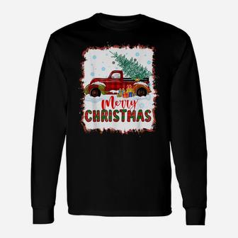 Red Buffalo Plaid Truck Merry Christmas Tree Bleached Print Unisex Long Sleeve | Crazezy