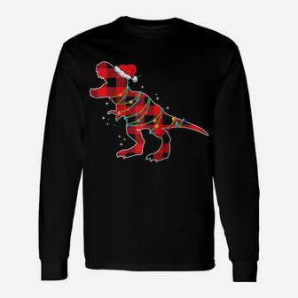 Red Plaid Dinosaur Christmas Lights Funny Santa Hat Raglan Baseball Tee Unisex Long Sleeve | Crazezy