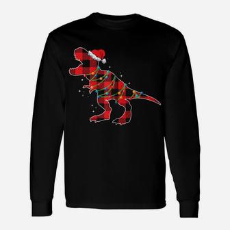 Red Plaid Dinosaur Christmas Lights Funny Santa Hat Zip Hoodie Unisex Long Sleeve | Crazezy
