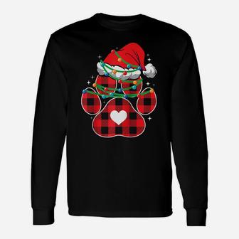 Red Plaid Dog Paw Print Christmas Lights Funny Santa Hat Raglan Baseball Tee Unisex Long Sleeve | Crazezy