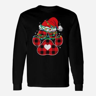 Red Plaid Dog Paw Print Christmas Lights Funny Santa Hat Unisex Long Sleeve | Crazezy