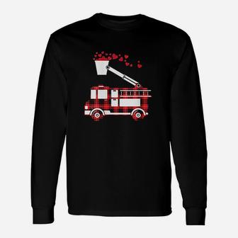 Red Plaid Fire Truck Funny Fireman Valentines Day Gift Unisex Long Sleeve | Crazezy