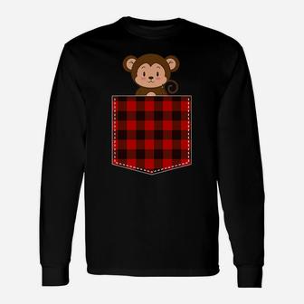 Red Plaid Monkey In Pocket Buffalo Family Pajama Christmas Unisex Long Sleeve | Crazezy