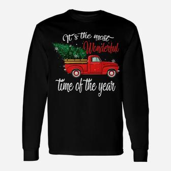 Red Truck Pick Up Christmas Tree Most Wonderful Time Of Year Unisex Long Sleeve | Crazezy