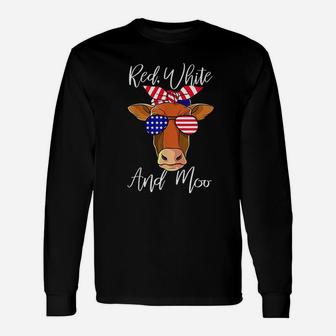 Red White And Moo Patriotic Cow Usa Flag Funny 4Th Of July Unisex Long Sleeve | Crazezy
