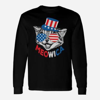Red White Blue Cat 4Th Of July Meowica American Flag Long Sleeve T-Shirt - Monsterry
