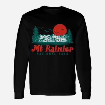 Retro Mount Rainier Mountain Trees & Sun Scene Graphic Sweatshirt Unisex Long Sleeve | Crazezy