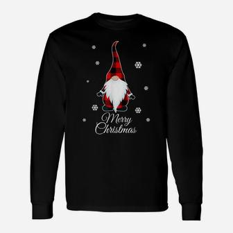 Santa Claus Garden Gnome Merry Christmas Buffalo Plaid Unisex Long Sleeve | Crazezy