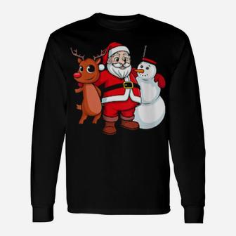 Santa Claus Hugging Snowman And Reindeer Long Sleeve T-Shirt - Monsterry