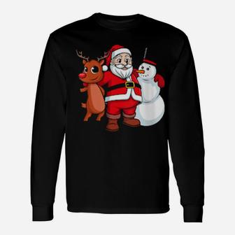 Santa Claus Hugging Snowman And Reindeer Long Sleeve T-Shirt - Monsterry