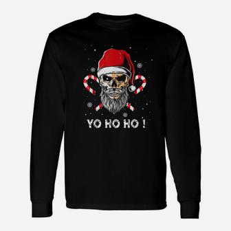 Santa Pirate Christmas Jolly Roger Flag Skull Beard Long Sleeve T-Shirt - Thegiftio