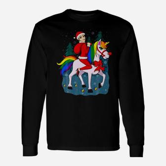 Santa Woman With Unicorn Long Sleeve T-Shirt - Monsterry