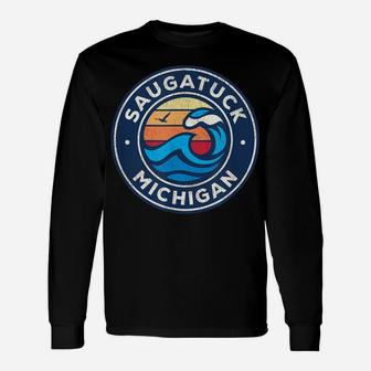 Saugatuck Michigan Mi Vintage Nautical Waves Design Unisex Long Sleeve | Crazezy UK