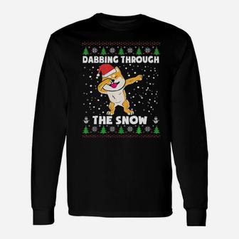 Shiba Inu Dabbing Through The Snow Ugly Xmas Long Sleeve T-Shirt - Monsterry