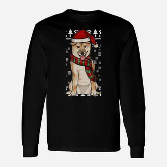 Shiba Inu Dog Santa Hat Xmas Ugly Christmas Sweatshirt Unisex Long Sleeve | Crazezy