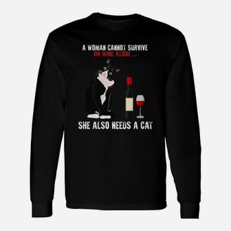 Siamese Cats A Women Cannot Survive On Wine Alone She Also Need Cats Long Sleeve T-Shirt - Thegiftio UK