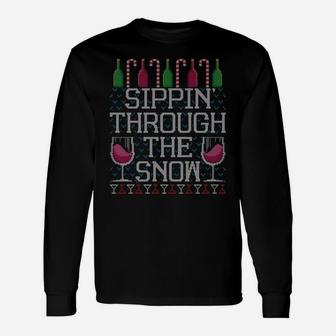 Sippin Through The Snow Red Wine Ugly Christmas Sweater Sweatshirt Unisex Long Sleeve | Crazezy