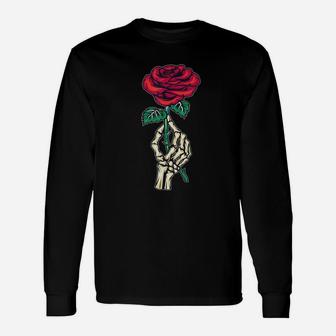 Skeleton Hand Red Rose Flower Gift Aesthetic Streetwear Goth Unisex Long Sleeve | Crazezy