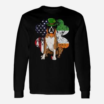 St Patricks Day Irish American Flag Boxer Dog Long Sleeve T-Shirt - Monsterry