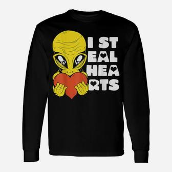 I Steal Hearts Valentine's Day Alien Ufo With A Heart Long Sleeve T-Shirt - Monsterry CA