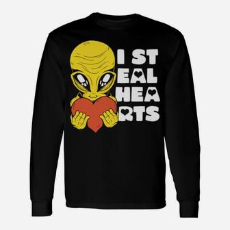I Steal Hearts Valentine's Day Alien Ufo With A Heart Long Sleeve T-Shirt - Monsterry