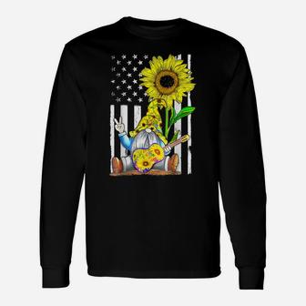 Sunflower Gnome Playing Guitar Hippie American Flag Plussize Unisex Long Sleeve | Crazezy CA