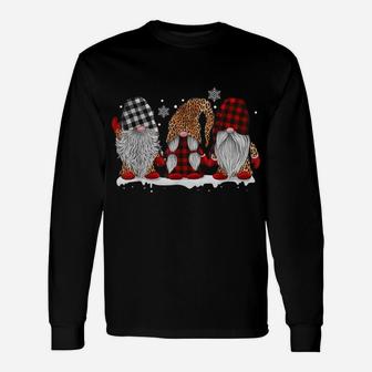 Three Gnomes In Leopard Printed Buffalo Plaid Christmas Gift Sweatshirt Unisex Long Sleeve | Crazezy