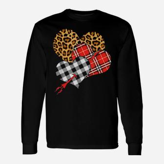 Three Hearts Leopard Buffalo Plaid Valentines Day Long Sleeve T-Shirt - Monsterry CA