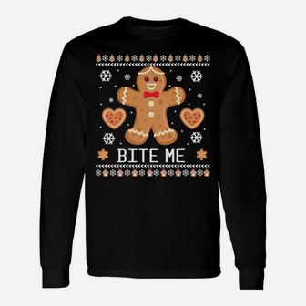Ugly Christmas Sweater Bite Me Gingerbread Man Sweatshirt Unisex Long Sleeve | Crazezy