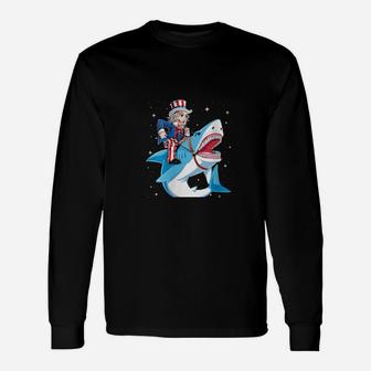 Uncle Sam Riding Shark 4Th Of July American Flag Long Sleeve T-Shirt - Monsterry UK