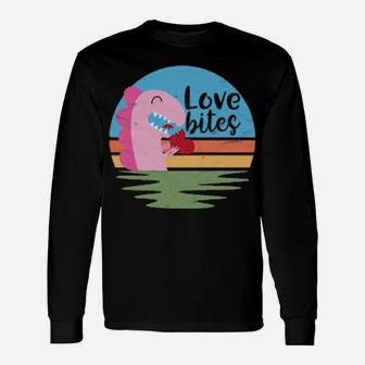 Valentines Day Cute Dinosaur Love Bites Retro Vintage Long Sleeve T-Shirt - Monsterry