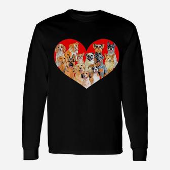 Valentines Day Dogs Pug Corgi Bulldog Heart Long Sleeve T-Shirt - Monsterry AU