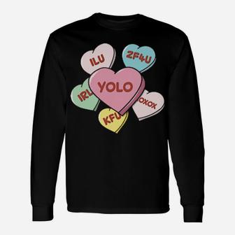 Valentine's Day Hearts Sweets With Texting Acronyms Long Sleeve T-Shirt - Monsterry