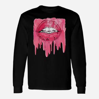 Valentines Pink Dripping Melting Lips Long Sleeve T-Shirt - Monsterry