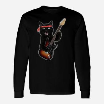 Vintage Black Cat Lover, Retro Style Cats Gift Guitar Unisex Long Sleeve | Crazezy