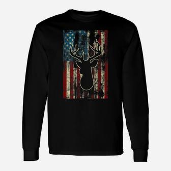 Vintage Distressed Patriotic Deer Hunting American Usa Flag Unisex Long Sleeve | Crazezy