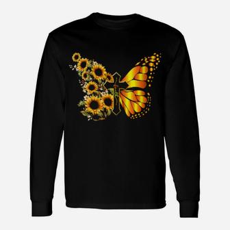 Vintage Faith Cross Sunflower Butterfly Christian Long Sleeve T-Shirt - Monsterry