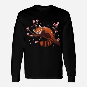 Vintage Red Panda Japanese Cherry Blossom Flower T Shirt Unisex Long Sleeve | Crazezy DE