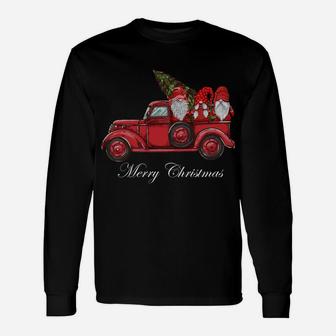 Vintage Red Truck With Three Gnomes Merry Christmas Gifts Unisex Long Sleeve | Crazezy CA
