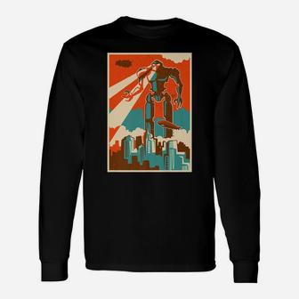 Vintage Robot Attacking City Retro Bot Attack Sci-Fi Gift Unisex Long Sleeve | Crazezy