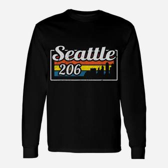 Vintage Seattle City Skyline 206 State Of Washington Retro Unisex Long Sleeve | Crazezy